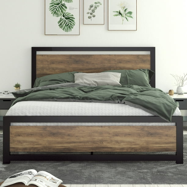 Allewie Brown Queen Size Bed Frame With, Platform Bed Frame Queen White Wood Headboard And Footboard Set