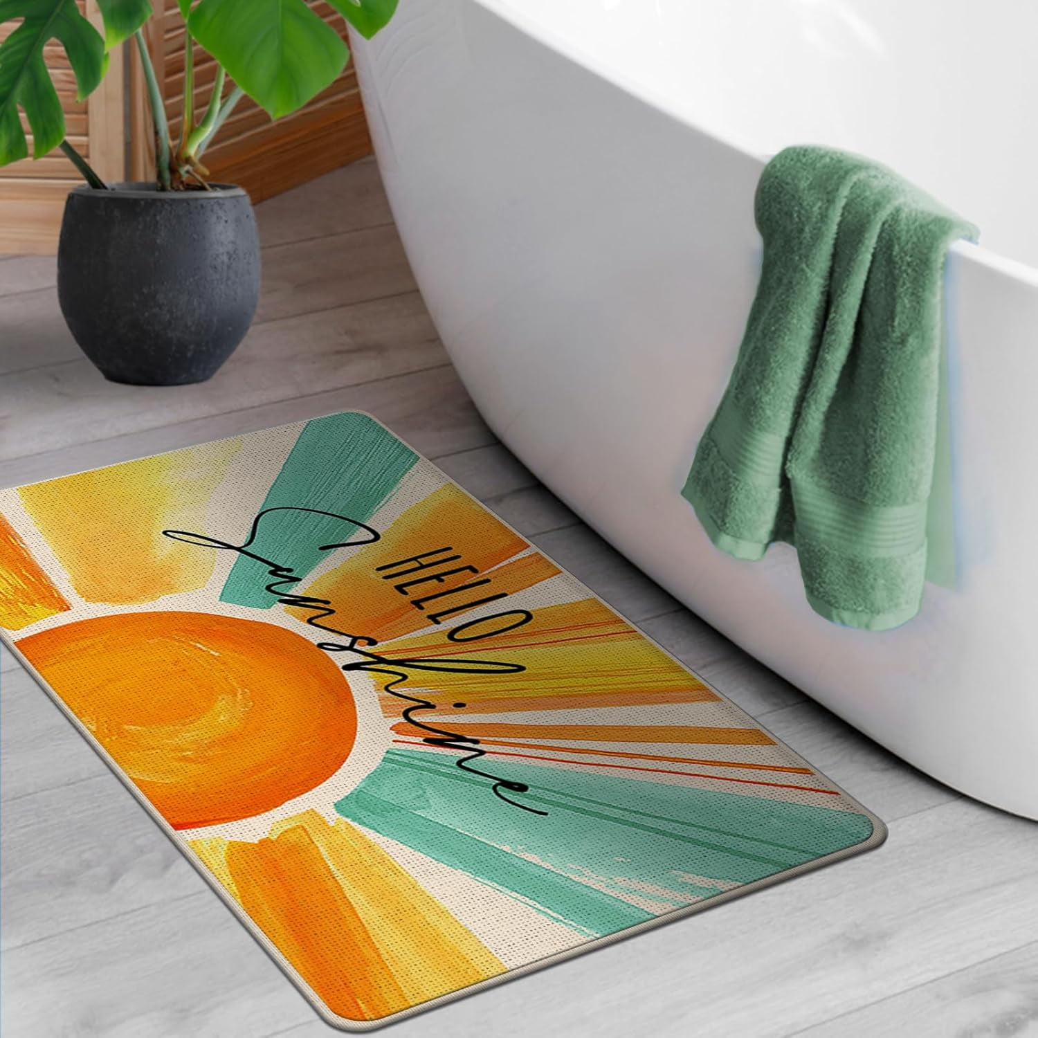 Hello Sunshine Spring Summer Decorative Front Door Mat, Watercolor Sun Doormat Indoor Outdoor Non-Slip Floor Entryway Rug, Seasonal Home Kitchen Decoration 17x30 Inch