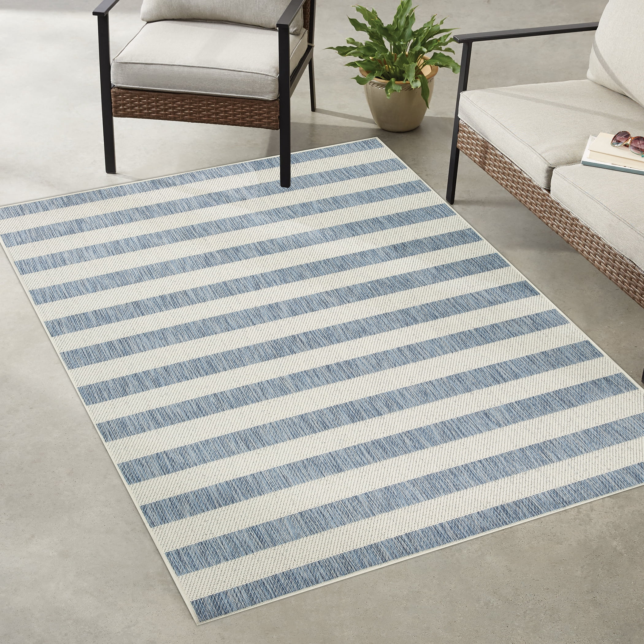 Mainstays Blue and White Striped Coastal Cabana Woven Outdoor Rug, 5'x7'