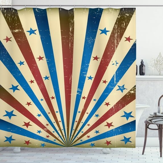 Circus Shower Curtain, American Flag Inspired Grungy Background with Pastel Colored Rays of Beams and Stars, Fabric Bathroom Set with Hooks, 69W X 84L Inches Extra Long, Multicolor, by Ambesonne