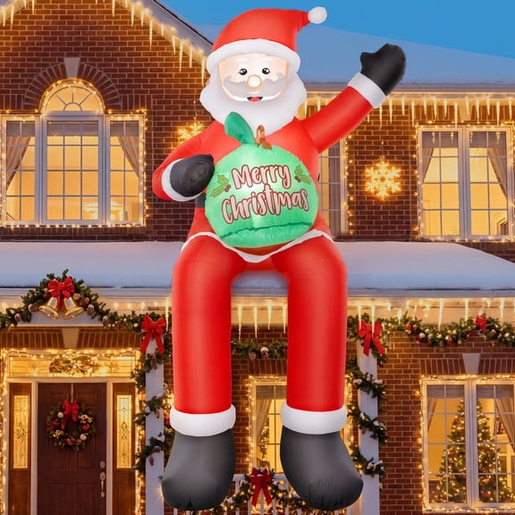 6ft Christmas Inflatable Sitting Santa Claus, Blow Up Santa with Gift Bag & Built in LED Lights, Outdoor Xmas Decor for Roof Lawn Porch Patio Garden