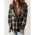 thumbnail image 4 of Chaqueta de Cuadros para Mujer, Larga, Botones, Capucha de Forro , Abrigo Cálido Cuadros Marrones M, 4 of 7