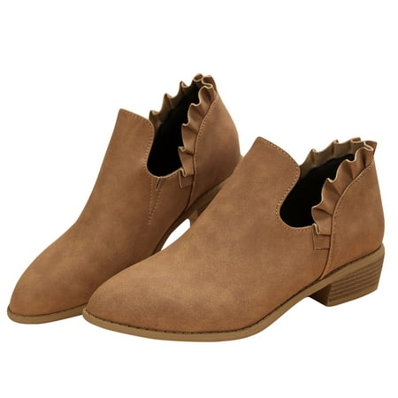 KIJBLAE Women s Ankle Boots Low Heel Pointed Toe Slip On Ruffle Faux Leather Booties Comfortable Chunky Heel Shoes Brown 37