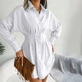 thumbnail image 4 of Ygbgbb Women's Fall Dresses Pleated Bishop Long Sleeve Mini T Shirt Dress Lapel Collar Button Flared Ruched Short Shirt Dresses (White XL), 4 of 8