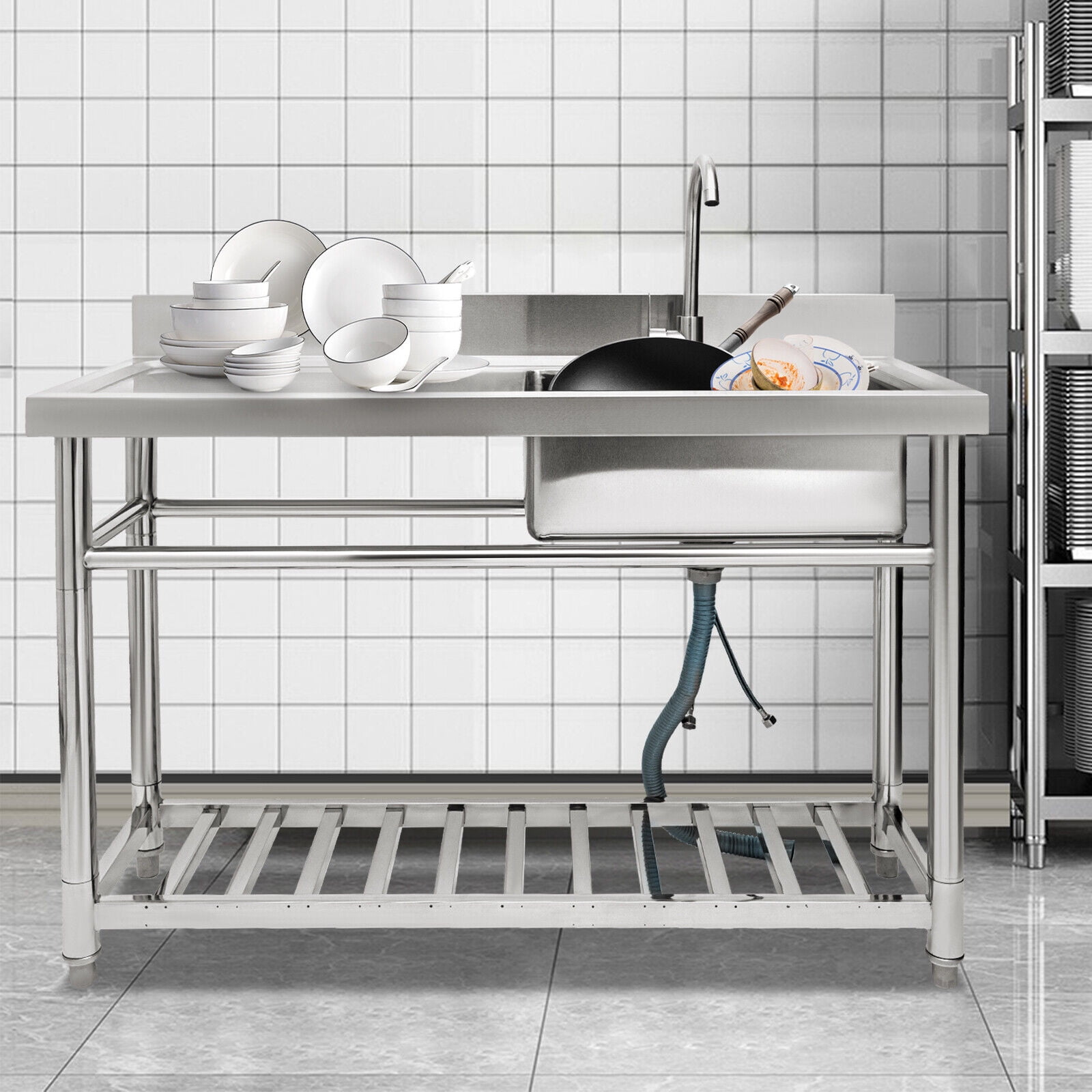 Commercial Kitchen Prep Utility Sink with Drainboard Compartment Stainless Steel