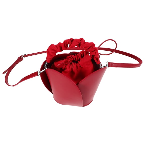 WEUVEB Red Pu Fashionable Petal Shape Bucket Bag For Women With Drawstring Closure Versatile Use 1Pcs