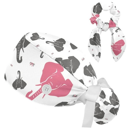 

Working Cap with Buttons and Sweatband Scrub Hat Bouffant Caps with Scrunchie Elephant Tie Back Hats