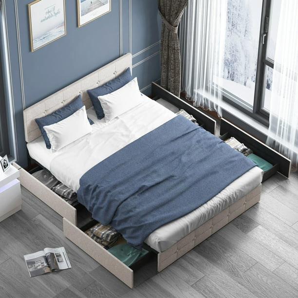 BALUS Queen Storage Bed Frame with Upholstered Headboard, 4 Drawers with Wheels, Linen Fabric