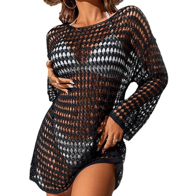Las mujeres de punto Bikini Cover-Ups Color Sólido Recorte See-Through Mini Vestido de Playa Cuello Crew Tops de protección solar