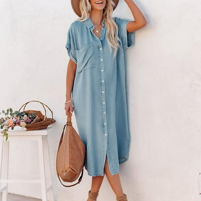 Nuoqisi Robe Chemise à Manches Courtes en Denim Uni avec Col à Revers pour Femmes - Silhouette Utilitaire Décontractée avec Tissu Classique pour une Tenue Polyvalente et Chaude par Temps Chaud
