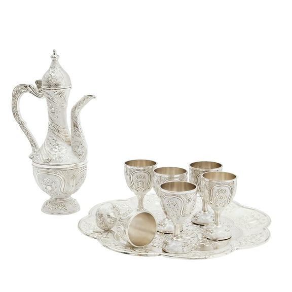 Wildnix Vintage Tea Set with Teapot, 6 Cups, and Tray, Silver and White Electroplated Design, Perfect for Tea or Coffee,   Tabletop Decor and Gift Set