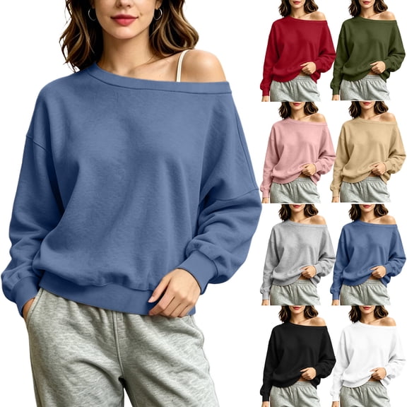 TAGOLD Womens Hooded Sweatshirts Solid Color Off Shoulder Lining Long Sleeve Loose Casual Sports Pullover Top