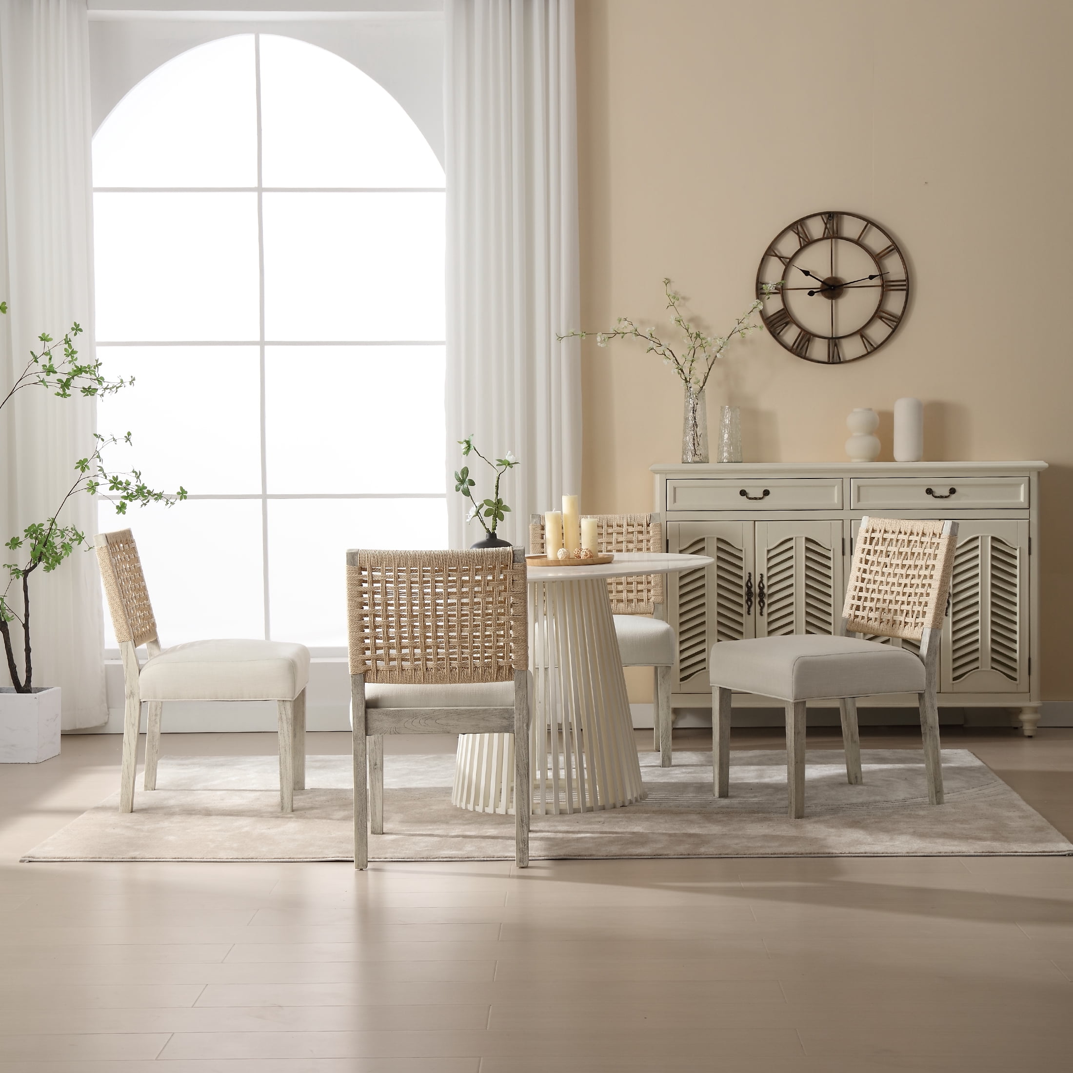Guyou Farmhouse Dining Chairs Set of 2, Linen Upholstered Kitchen Chairs with Woven Rope Backrest, Mid Century Modern Solid Wood Side Chairs for Kitchen Dining Room, Ivory