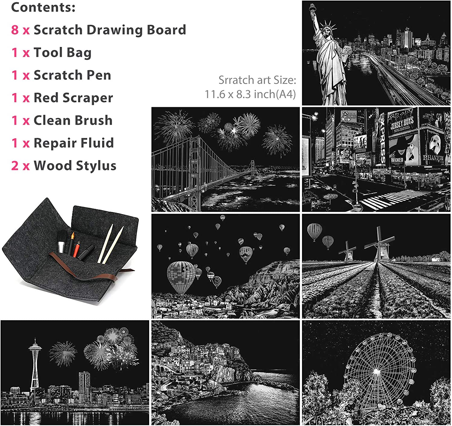 Scratch Painting Kits for Adults & Kids, Rainbow Painting Night View Scratchboard(A4), Crafts Set: 8 Sheets Scratch Cards with 6 Tools in Bag - New York, Statue of Liberty, Seattle(America/Europe)