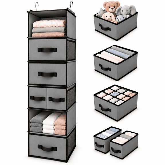 GRANNY SAYS Hanging Closet Organizer 6-Shelf, Foldable Storage Shelves with 5 Drawers, 6 Side Pockets, Gray