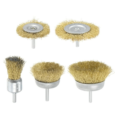 

Brass Wire Wheel Brushes Kit Crimped Cup Brush Pen-Shaped T-Shaped 1/4 Shank for Drills 5pcs