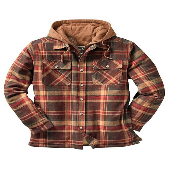 Men Flannel Shirt Jacket with Hooded Thicken Warm Quilted Lined Plaid Jacket Coat Hoodie
