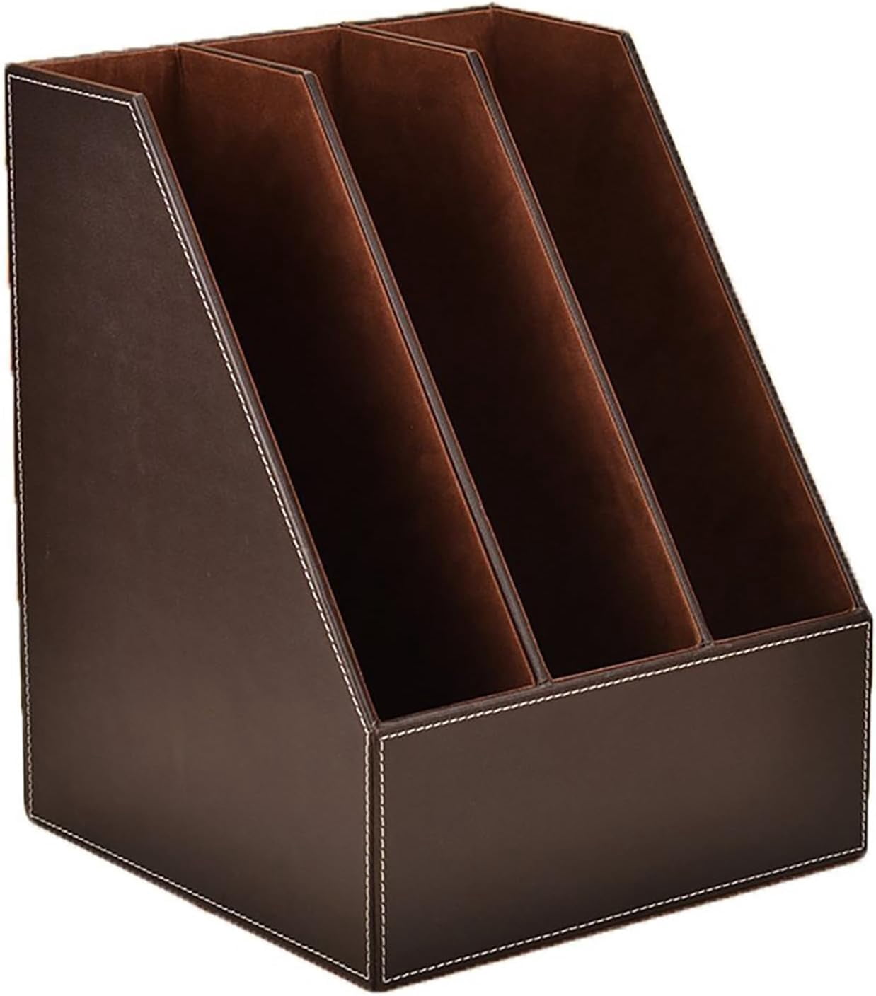3 Tier Leather Magazine Holder - Vertical File Organizer with PU Leather Cover, Handmade Office Desk Organizer for A4/A3 Documents, Magazines, Books - Coffee (3 slot)