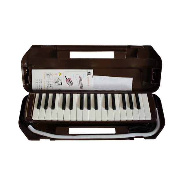 32-Key Melodica for Kids & Adults - Beginner-Friendly Musical Instrument with Long Pipe, Short Mouthpiece, Carrying Case, Cleaning Cloth & Manual - Coffee Color (w/ Logo) - ABS, Stainless Steel &