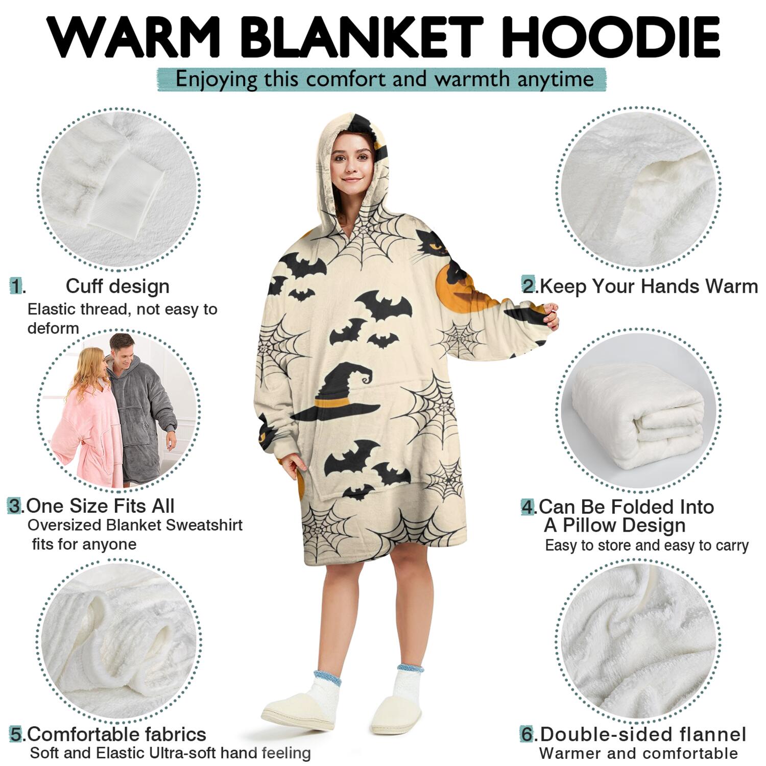 Wearable Oversized Blanket,Black Cat Pumpkin Halloween Pattern Wearable Blanket Hoodie for Adults,Cozy Hooded Blankets with Super Pockets,Super Warm Fuzzy Pullover for Women & Men