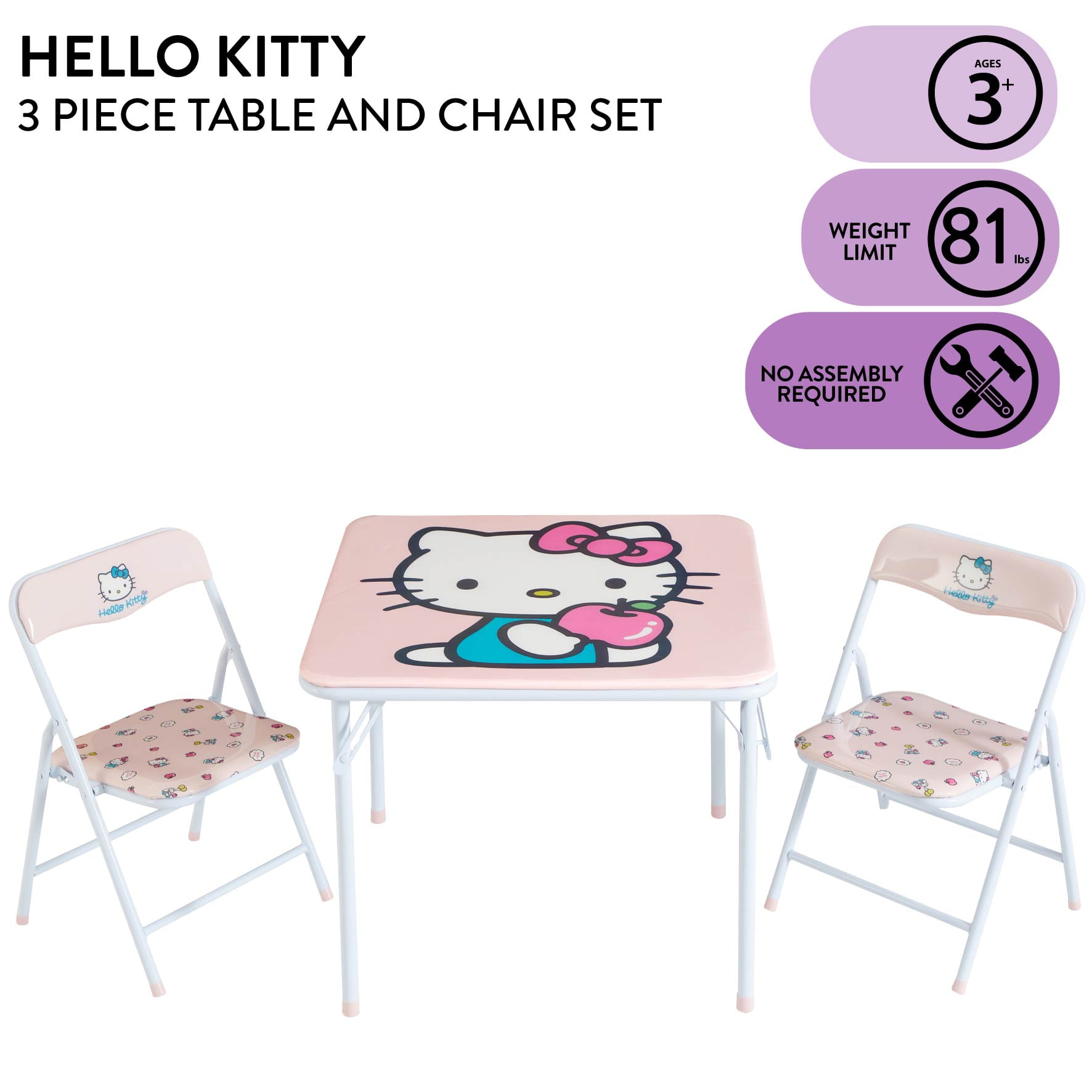 Hello Kitty Kids' 3-Piece Table and Chairs Set, Pink
