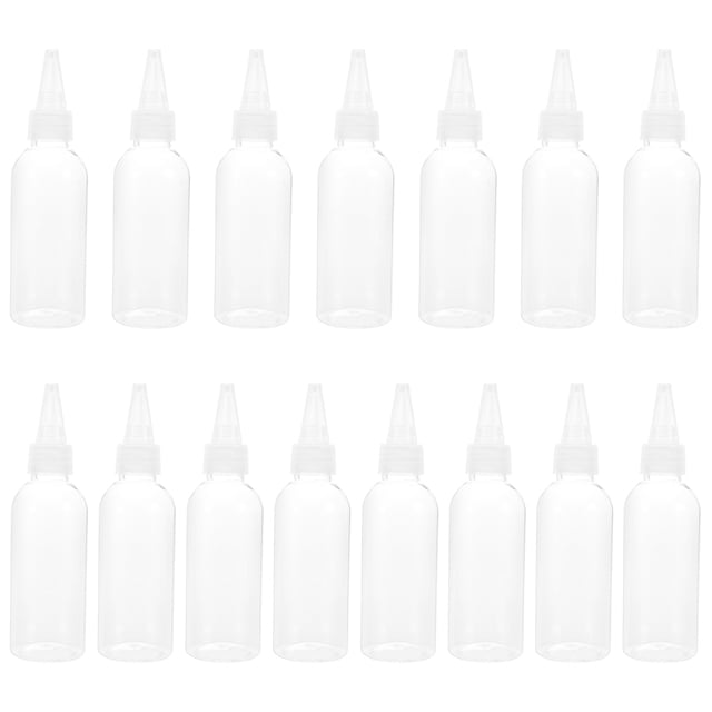 feltechelectr 15 botellas de plástico transparente de 80 ml para arte en arena, con boquilla dispensadora (color aleatorio) Vista frontal centrada de 15 botellas exprimibles PET transparentes en dos filas; cuerpo cilíndrico liso de aprox. 3.8 x 3.8 x 13.3 cm, boquilla de aguja cónica con tapa individual, flujo pequeño para dosificación precisa y lectura fácil del nivel de líquido; ideales para pintura, tinta, pegamento, henna y proyectos de teñido; color entregado al azar; también aptas para dosificar ingredientes en cocina.