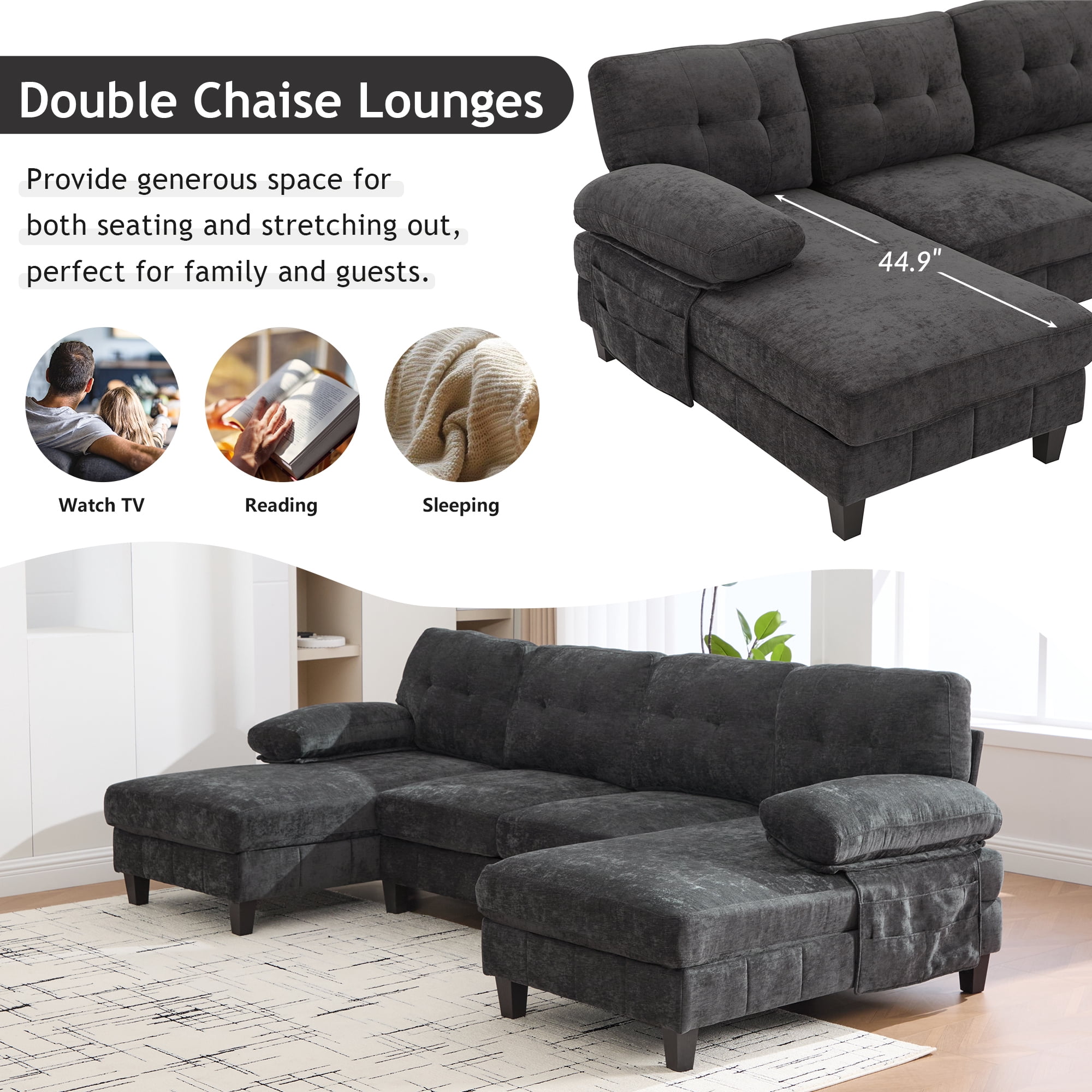 Leumius U Shaped Sectional Sofa, 103.5" Chenille Fabric Couch with Double Chaise Lounges, U Shaped Couch for Living Room, Black