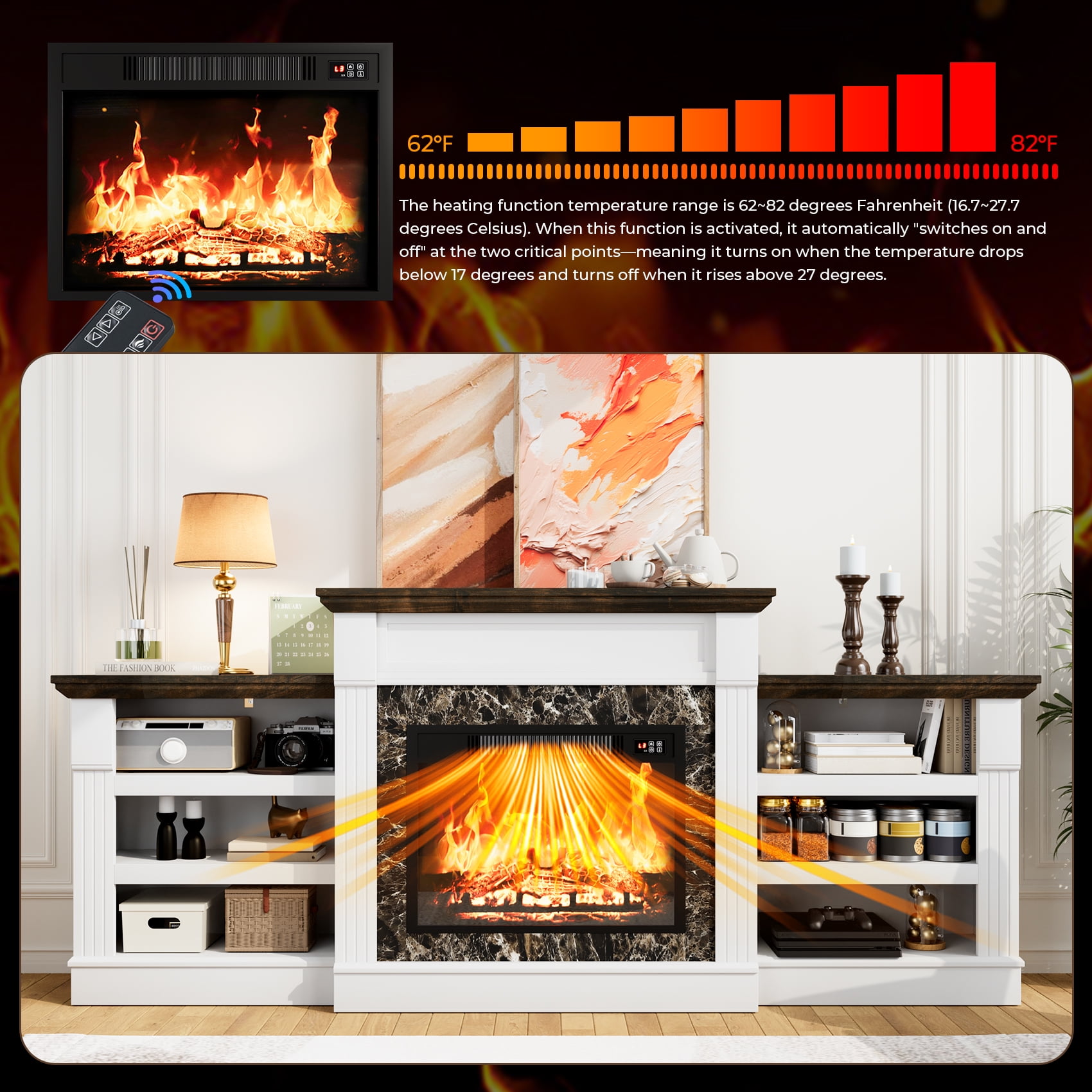 Winkalon 72" Fireplace TV Stand for 75 inch 80 inch TV, Electric Fireplace with Mantel, Farmhouse Entertainment Center with 23" Electric Fireplace, White Brown
