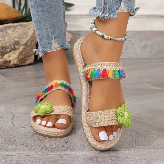 Busydd Slippers for Women Fashion Boho Flats for Women Open Toe Outdoor Beach Sandals Casual Comfortable Slip on Slides Heel Height 2cm/0.79inches