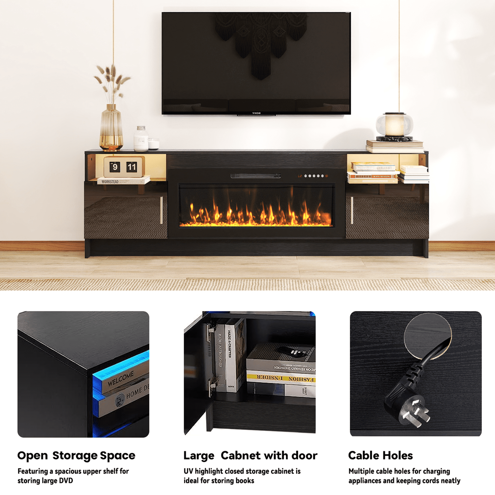 Rocyis Electric Fireplace TV Stand-70 inch TV Stand with 36" Electric Fireplace, Living Room TV Cabinet with Storage for TVs Up to 80", Led Entertainment Center, Modern Media Console, Black