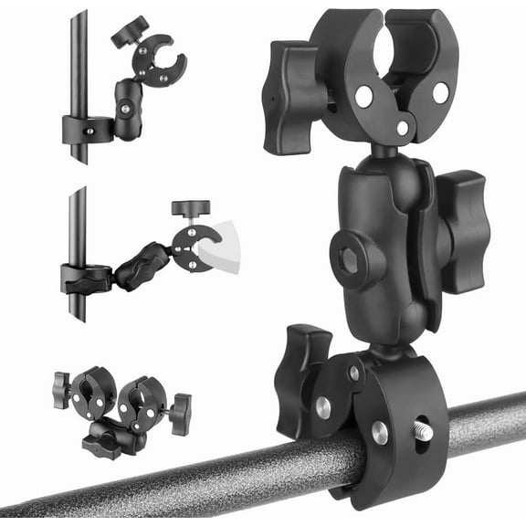 Double Clamp Mount with 360°Magic Arm Umbrella Pole Clamp for Chair Monitor Desk Photo Studio Light Stand, Photography Reflector, Strollers, Motorcycle, Flag Holder Mount, Cross Bar, Photo Boom Stand