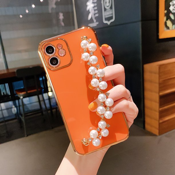 Funda de silicona chapada de lujo para iPhone, carcasa suave con cadena de pulsera de perlas para iPhone 13, 14, 12 Pro Max, 11, XS, X, XR, 7, 8 Plus, mini SE 2 Fivean unisex