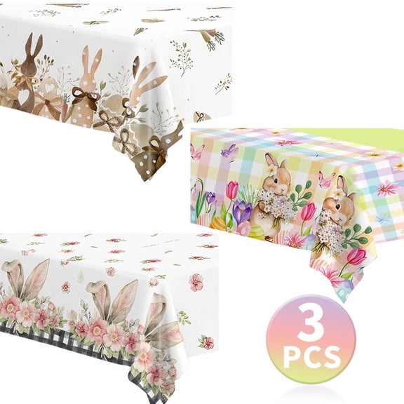 Easter Tablecloth Easter Decorations Egg Bunny Disposable Plastic Rectangle Water Resistant Spring Table Cloth for Party Supplies 108 * 54 inch 3PCS Design4
