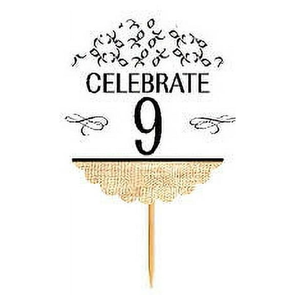 9th Birthday / Anniversary Novelty Burlap Cupcake Decoration Picks -12pack