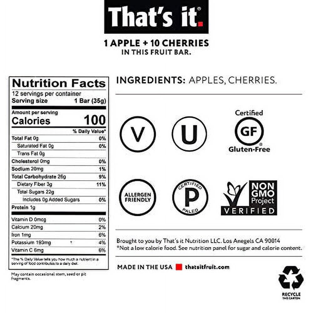 That's it. Apple + Cherry 100% Natural Real Fruit Bar, Best High Fiber Vegan, Gluten Free Healthy Snack, Paleo for Children & Adults, Non GMO No Sugar Added, No Preservatives Energy Food (12 Pack)