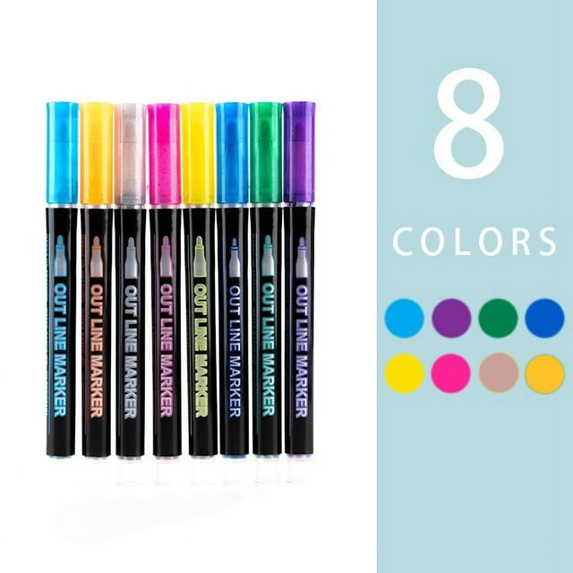 PEONAVET Double Line Outline Pen Double Line Pen Color Hand Account Pen Dream Metal Pen Hand-painted 8Color Highlighter Marker Pen10ml