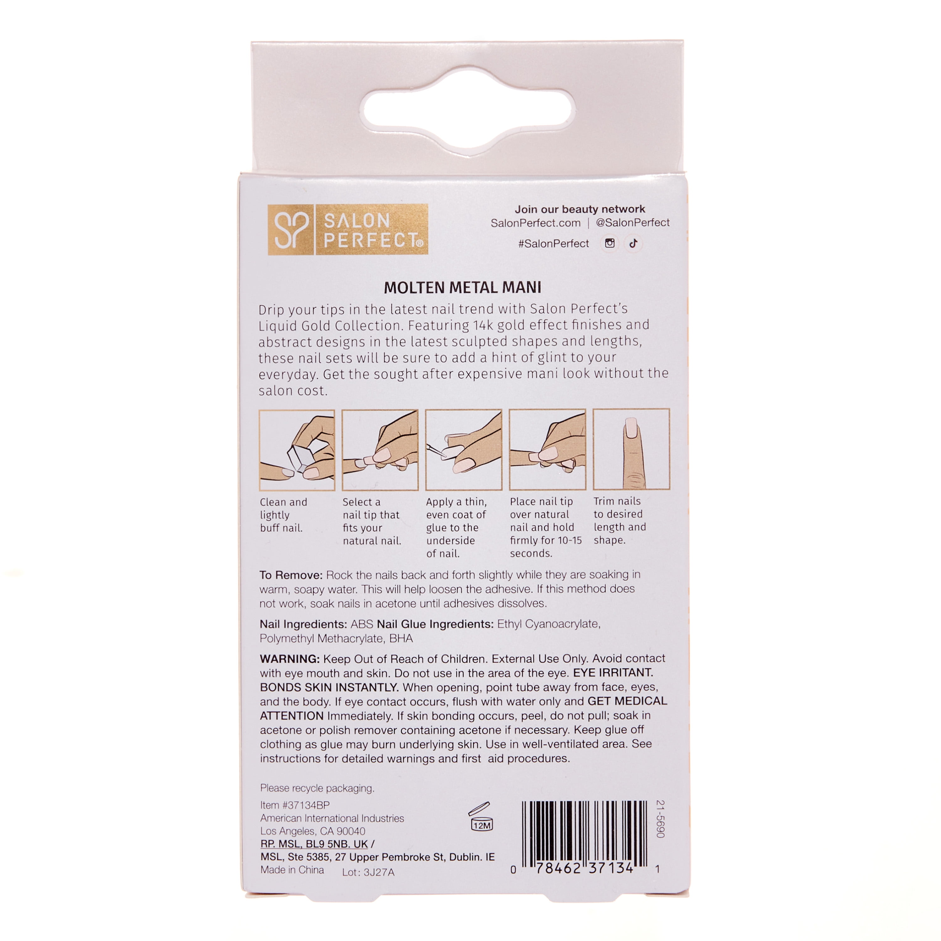 Salon Perfect Artificial Press On Nails, 173 Liquid Gold Rose Gold Lines, Short Square Pink Glue On Fake Nails, File & Nail Glue Included, 30 Nails