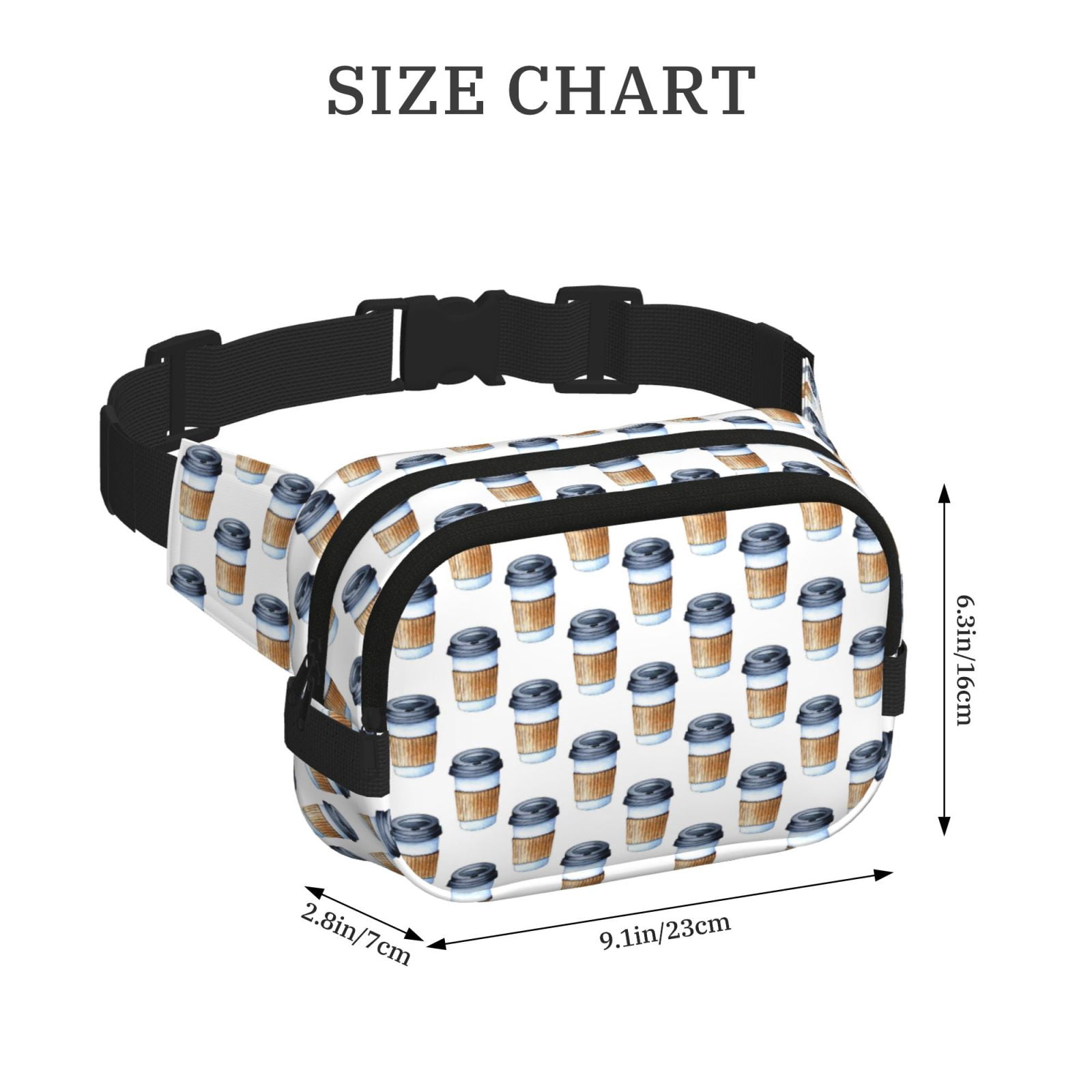 Picia Coffee To Go Pattern Print Square Double-Layer Waist Bag Mini Adjustable Waist Belt Bag Exercise Running Travel Hiking