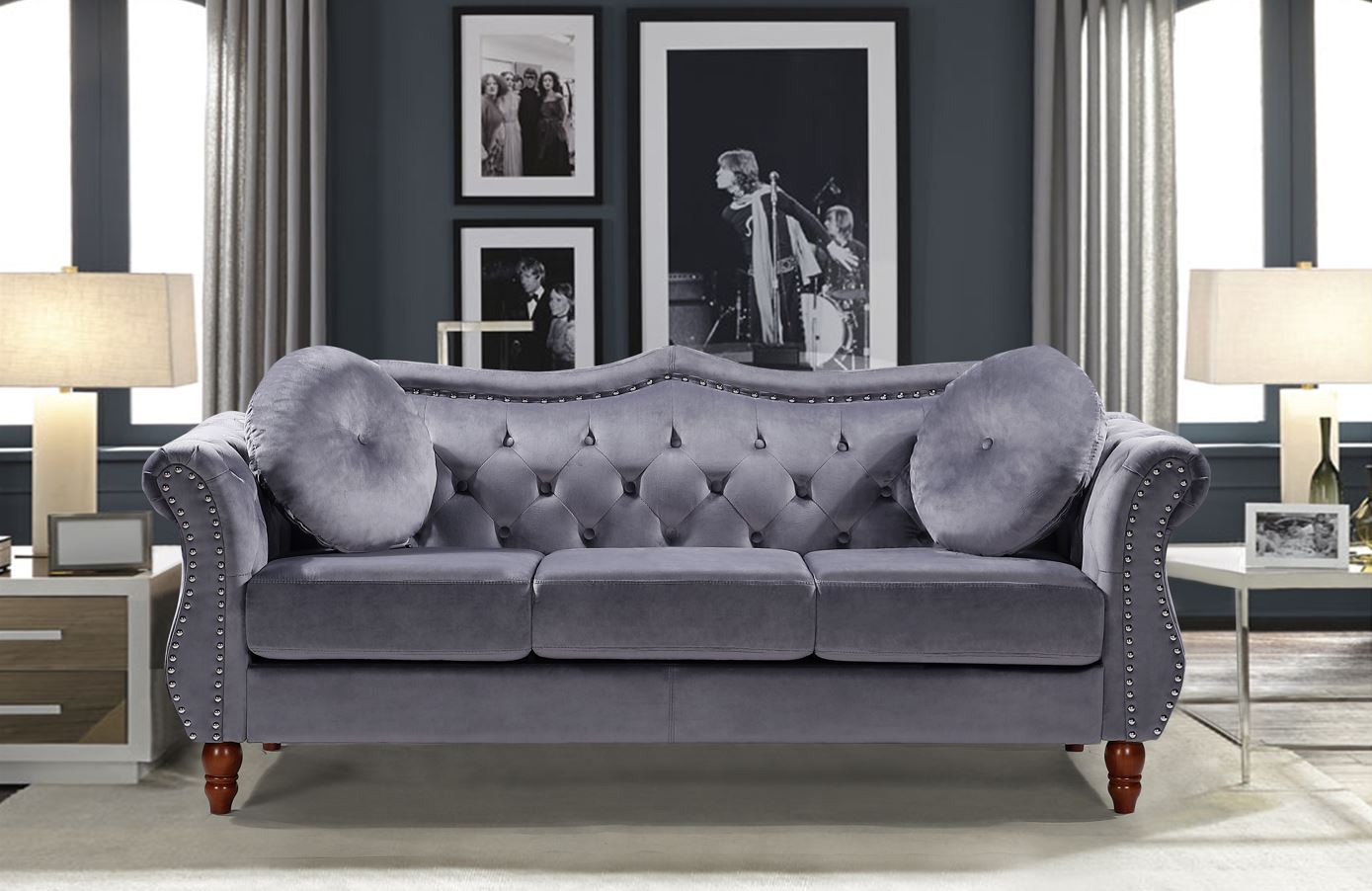 Uspridefurniture Tommy 2Pcs Chesterfield Velvet Living Room Set,Gray