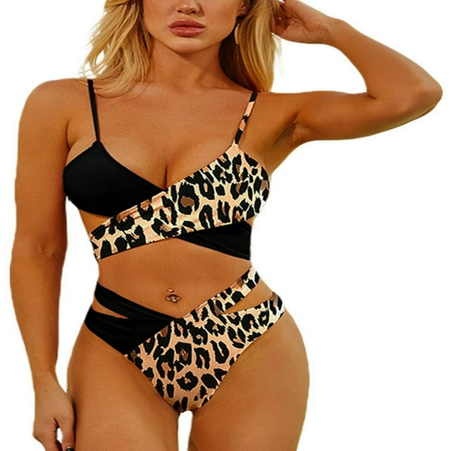 Femmes Couleur Bloc Spaghetti Sangle Léopard Imprimé 2 Pièces Maillots de Bain