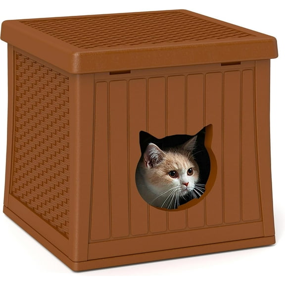 Plastic Cat House for Indoor Use, Weatherproof Outdoor Cat House for Feral Cats, Unique Cat Shelter for Small Pet, Spacious, Easy to Assemble, Caramel