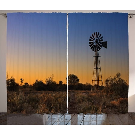 Kalahari Outdoor Windmill Curtains 2 Panels Set, Sunset in Kalahari Peaceful Outdoors Agriculture Rural Nature Image, Window Drapes for Living Room Bedroom, 108W X 63L Inches, Blue Brown and Marigold, by Ambesonne ()