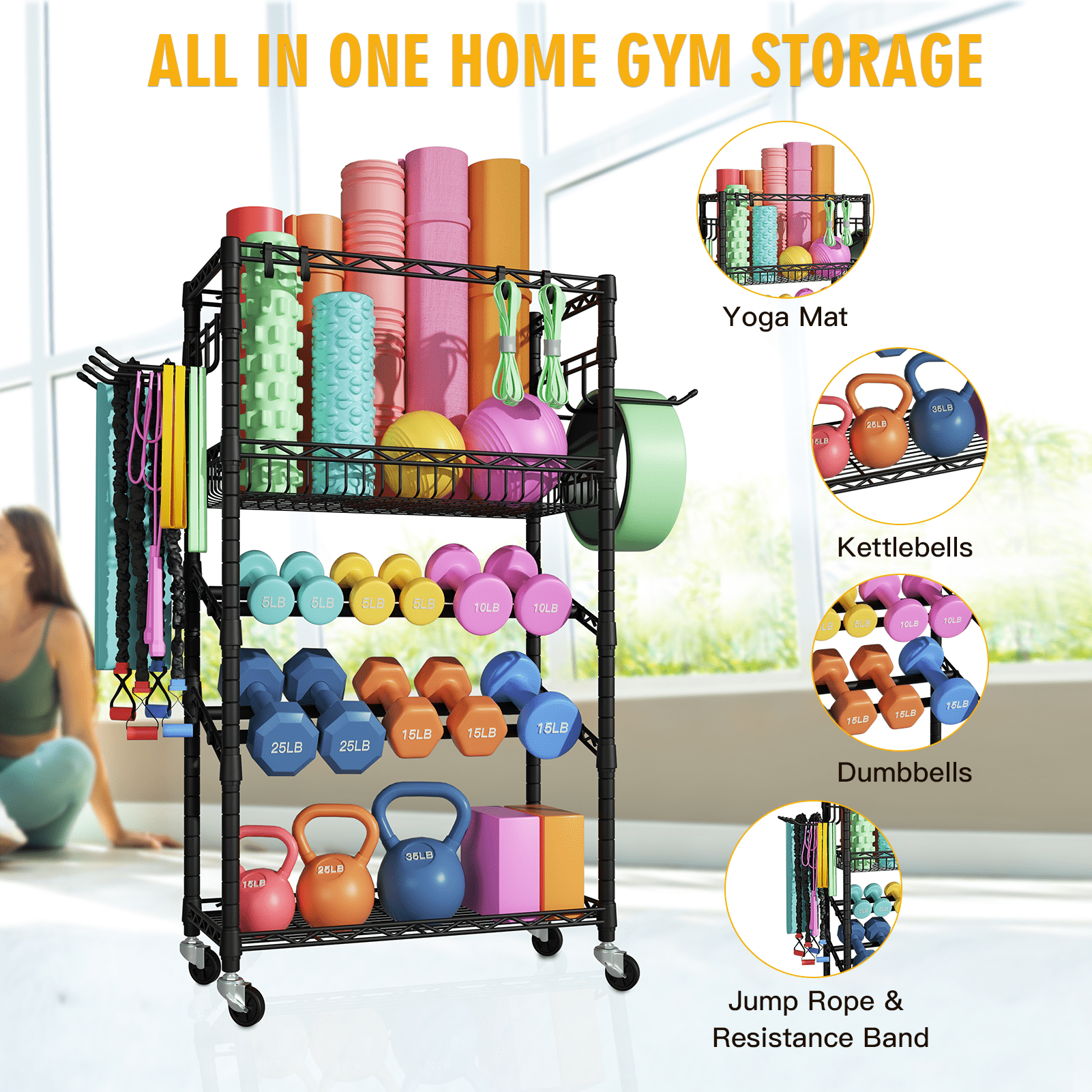 FUTASSI Dumbbell Rack, 4 Tier Steel Multi-Purpose Home Gym Storage 11.8" W x 23.6" D x 48.6" H, for Dumbbells, Kettlebells, Barbell and Yoga Mat, Black