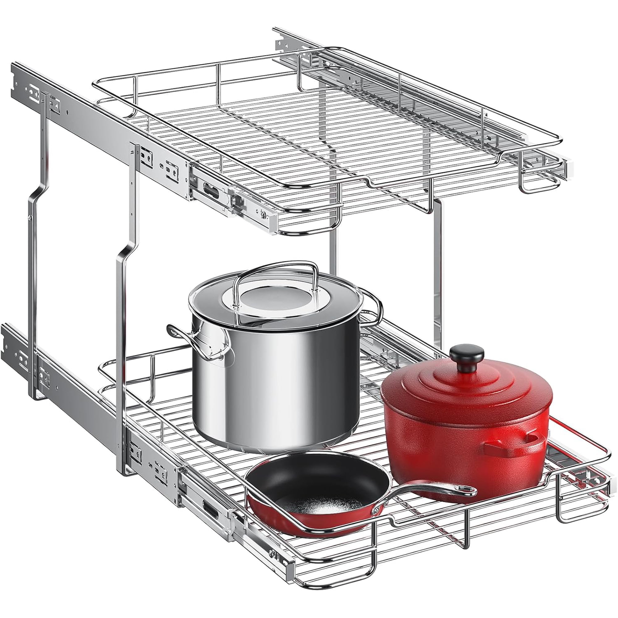 2-Tier Pull Out Cabinet Organizer – 14 W x 21 D Heavy Duty Chrome-Plated Slide Out Drawers Kitchen Drawer Organizer for Pots Pans Pantry Cans & Spices Silver