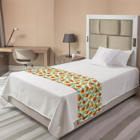 Floral Bed Runner, Orange Tagetes Marigold Flowers Pattern with Leaves Nature Composition, Decorative Accent Bedding Scarf for Hotels Homes and Guestrooms, Twin, Vermillion and Green, by Ambesonne