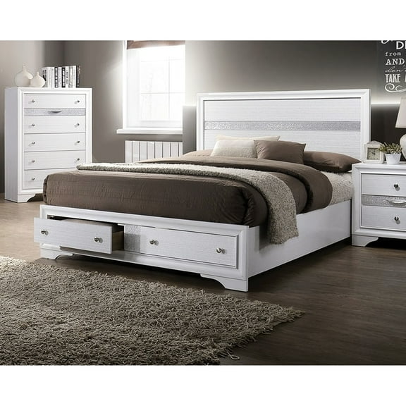Queen Size Bed With Drawers In Contemporary Bedroom - White Piece English