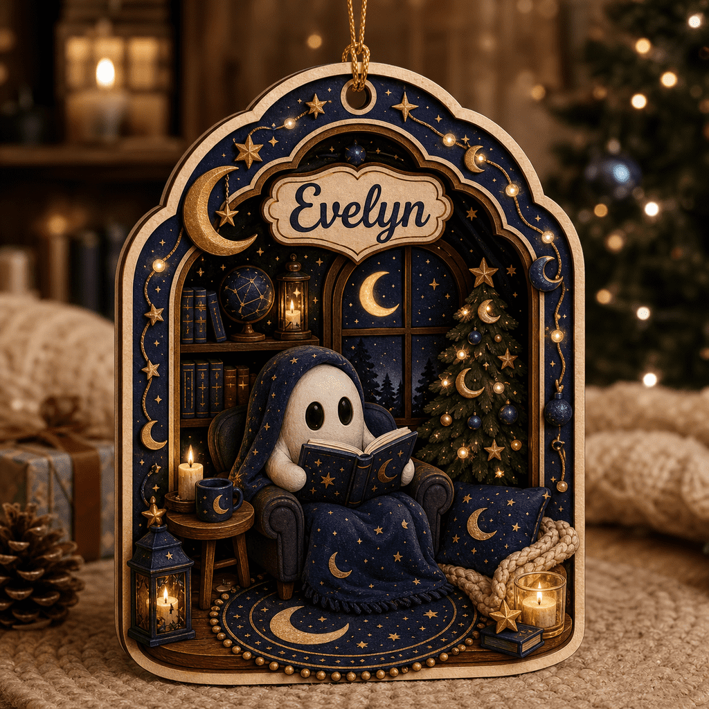 Ornament Crescent Moon Reader Wood Hanging Decor for Book Lovers