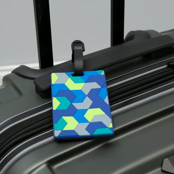 Protégé Luggage Tag - Geometric Design, Blue and Lime Green (4" x 2.5")