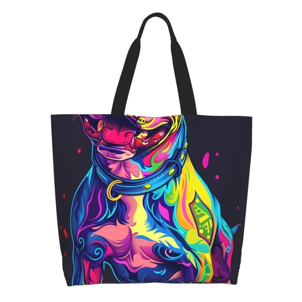 Fotbe Neon Pop Art Pitbull Bolsa Tote Estética de Lona con Estampado para Mujer - Bolsa Reutilizable de Hombro Casual para Vacaciones, Compras, Trabajo y Gimnasio