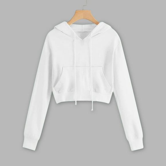 IMENGL Fashionable casual solid color hooded sweatshirt short long sleeve drawstring, White L, Size M-3XL